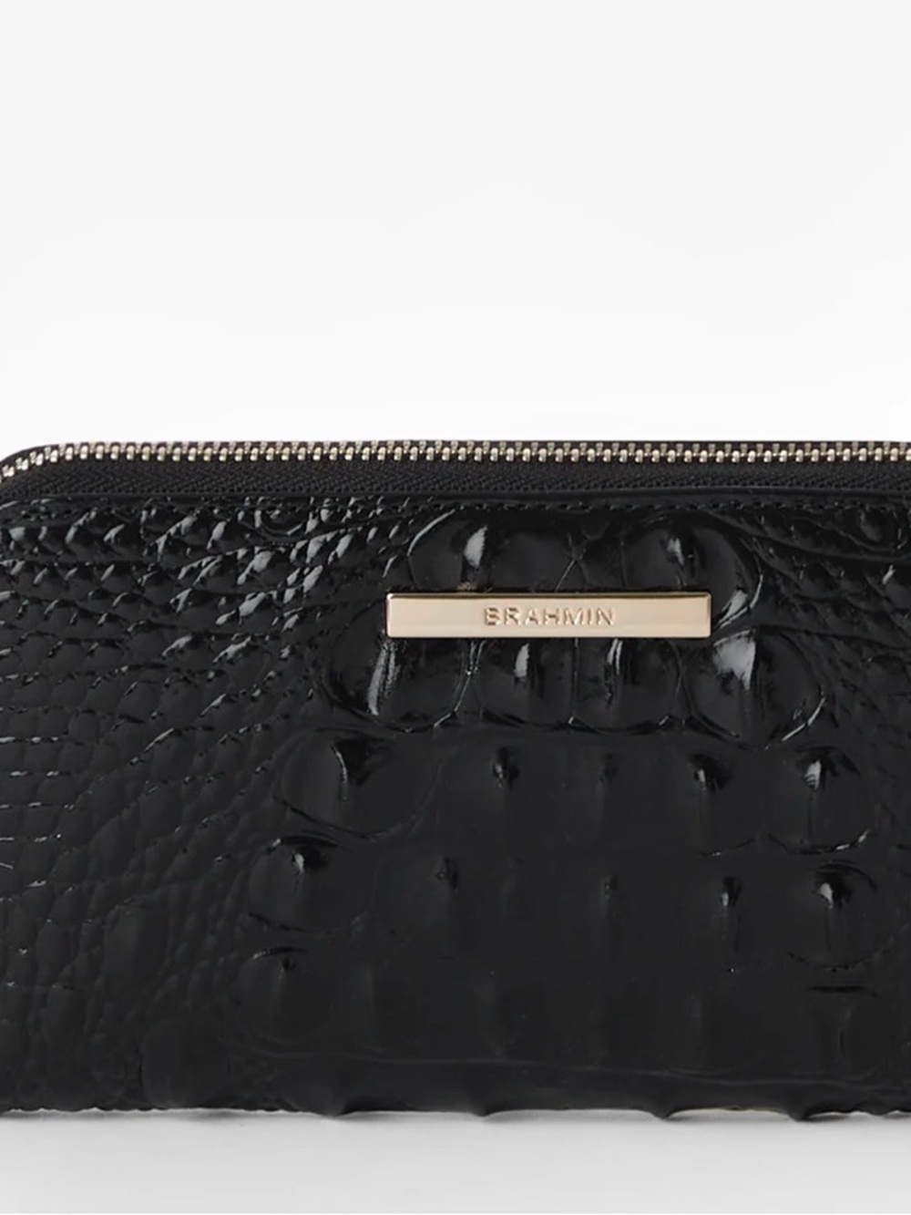 Vintage Brahmin Black Croc-Embossed Patent Leather Zip Wallet with Gold Plaque